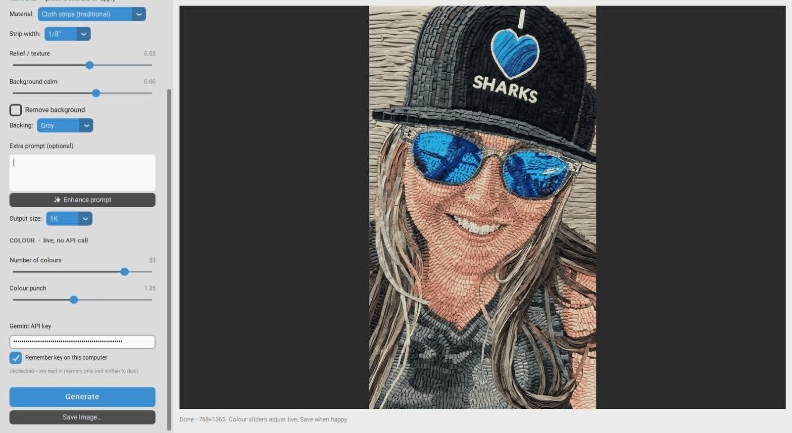 The Rug Hook Studio app showing a portrait rendered in traditional cloth strips, with the material, colour, and background controls in the sidebar